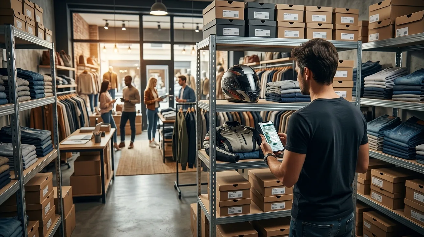 Un commerçant consulte l’application Poupette dans l’arrière-boutique, entouré de casques et de vêtements de moto